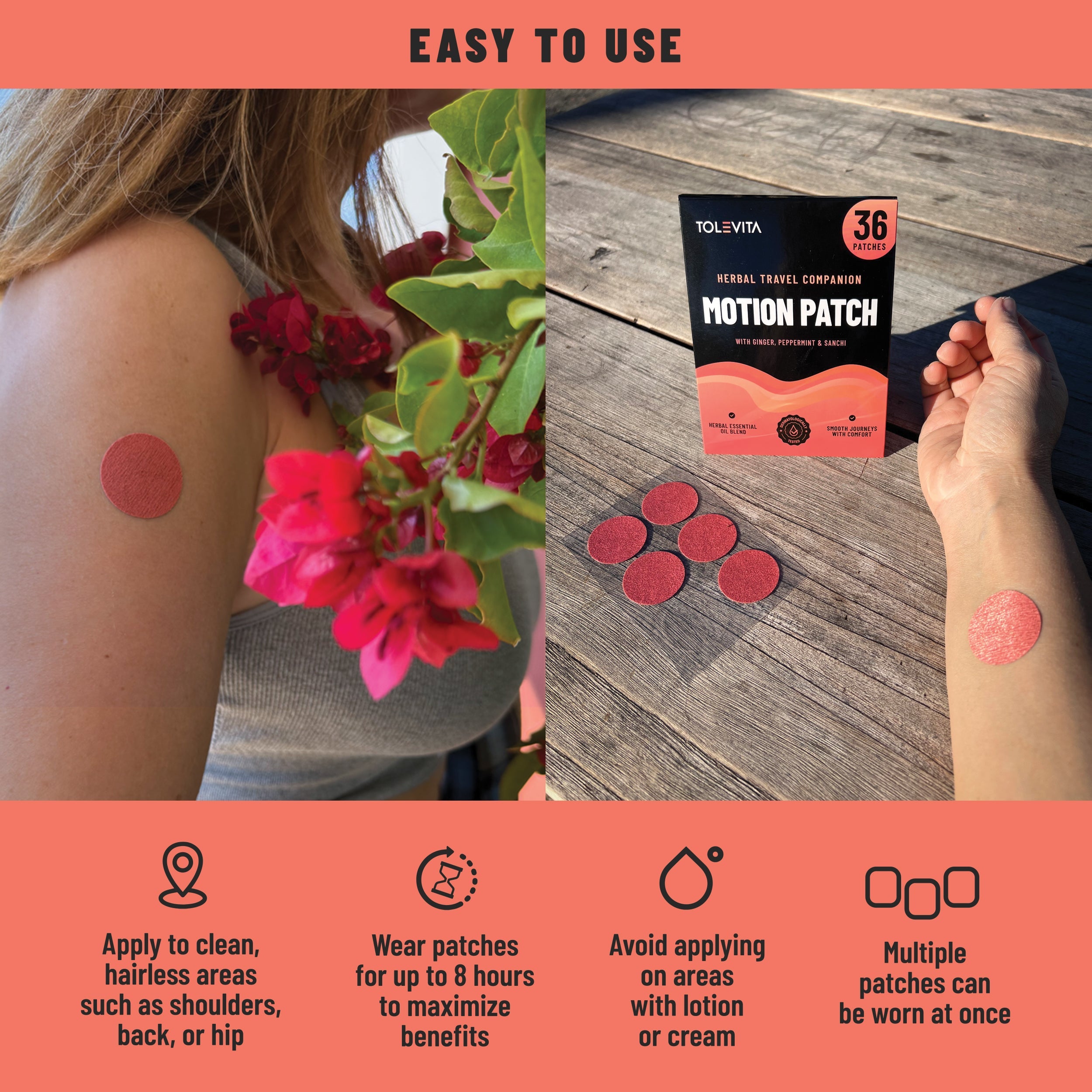 Motion Sickness Patches Natural Motion Sickness Support with Ginger, Peppermint, Sanchi & Herbal Botanicals, 36 patches