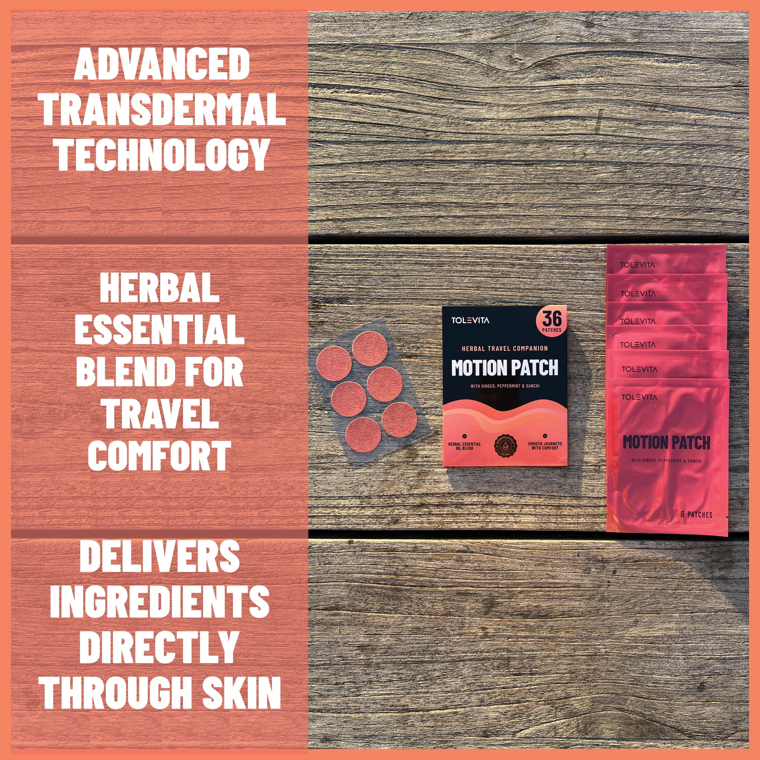 Motion Sickness Patches Natural Motion Sickness Support with Ginger, Peppermint, Sanchi & Herbal Botanicals, 36 patches