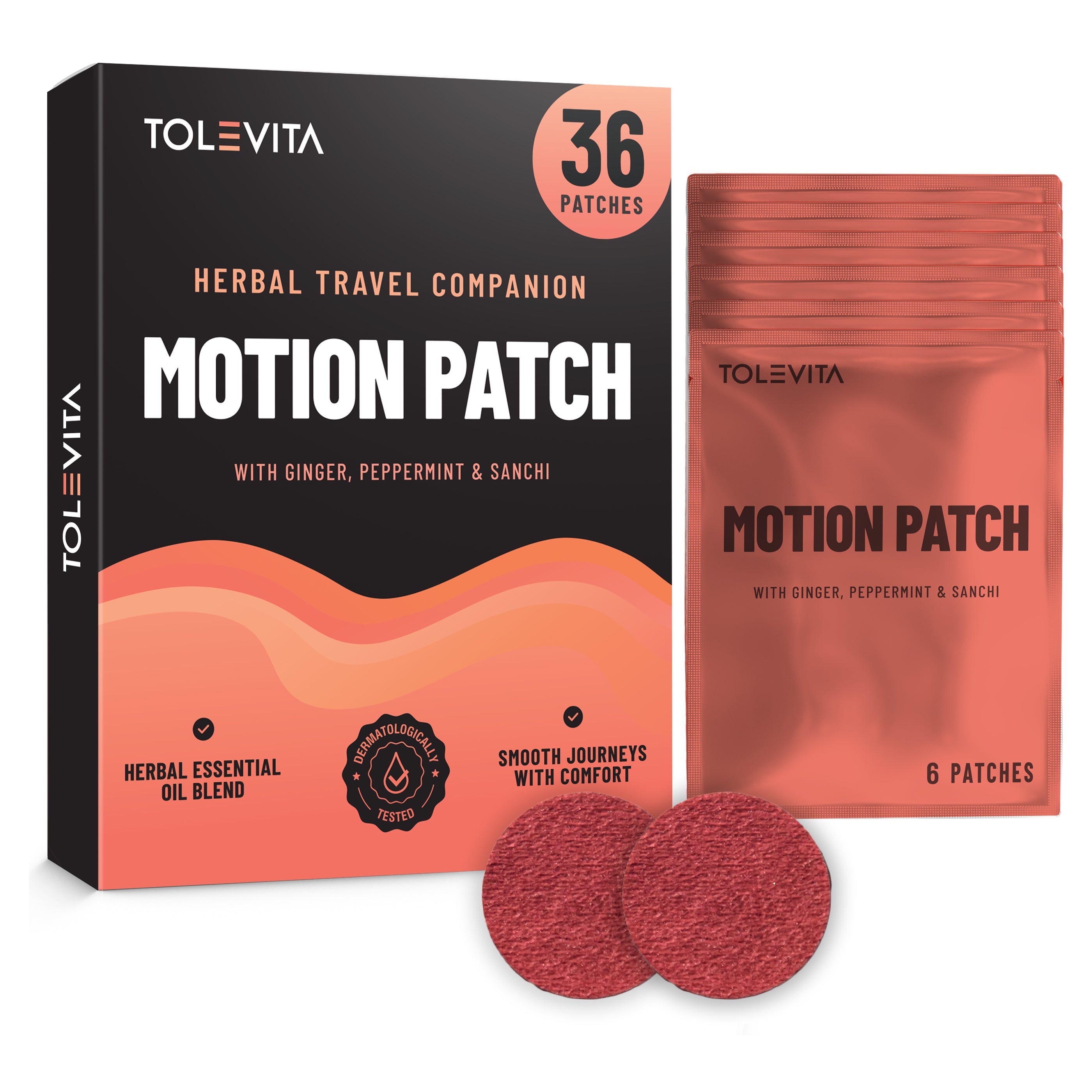 Motion Sickness Patches Natural Motion Sickness Support with Ginger, Peppermint, Sanchi & Herbal Botanicals, 36 patches