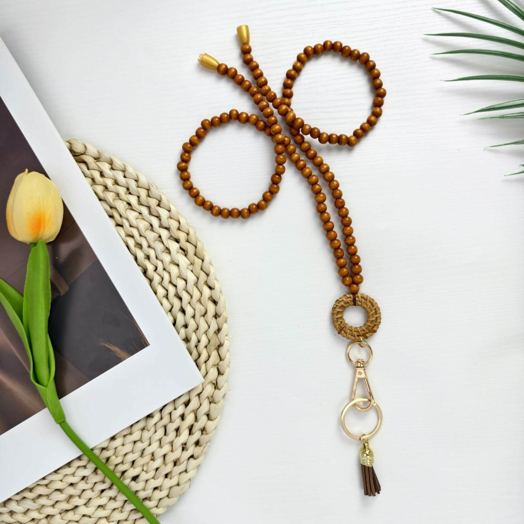 Wood Beaded Lanyards Set Boho Teacher ID Badge Holder Clip White Brown Large