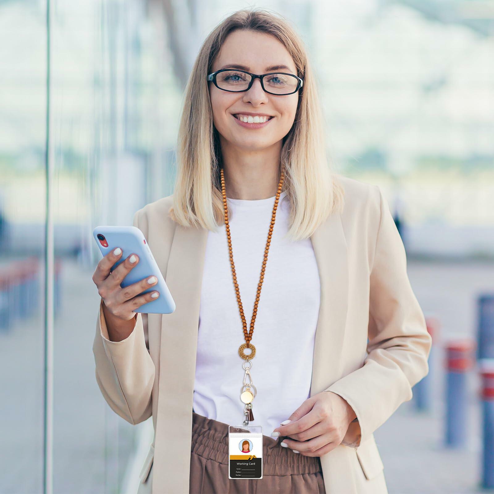 Wood Beaded Lanyards Set Boho Teacher ID Badge Holder Clip White Brown Large