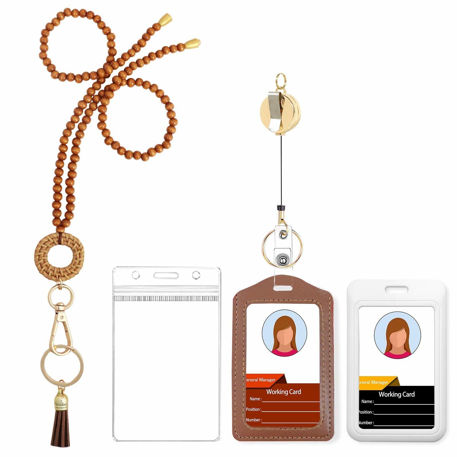 Wood Beaded Lanyards Set Boho Teacher ID Badge Holder Clip White Brown Large